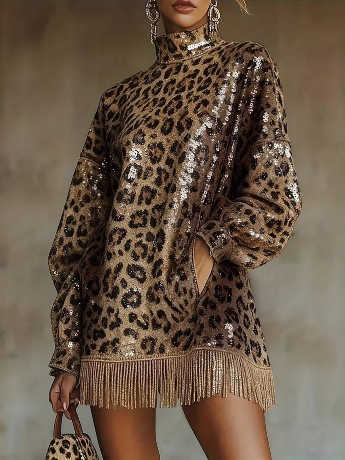 gold mini dress with leopard-print and mock neck