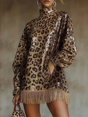 gold mini dress with leopard-print and mock neck
