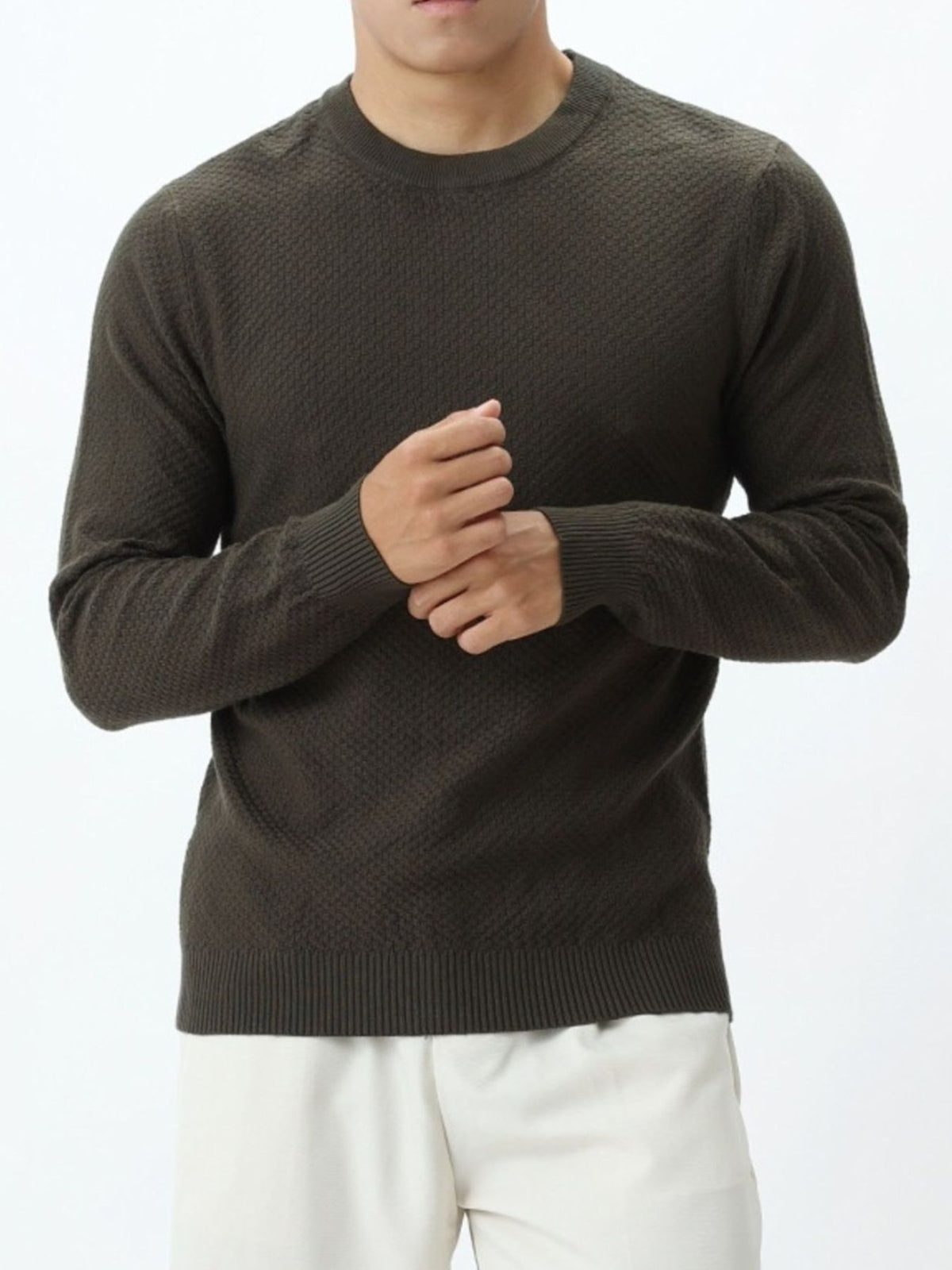 dark olive green crewneck sweater with geometric and crew neck