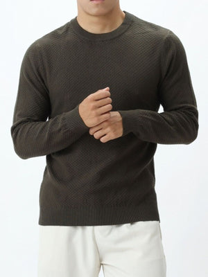 dark olive green crewneck sweater with geometric and crew neck