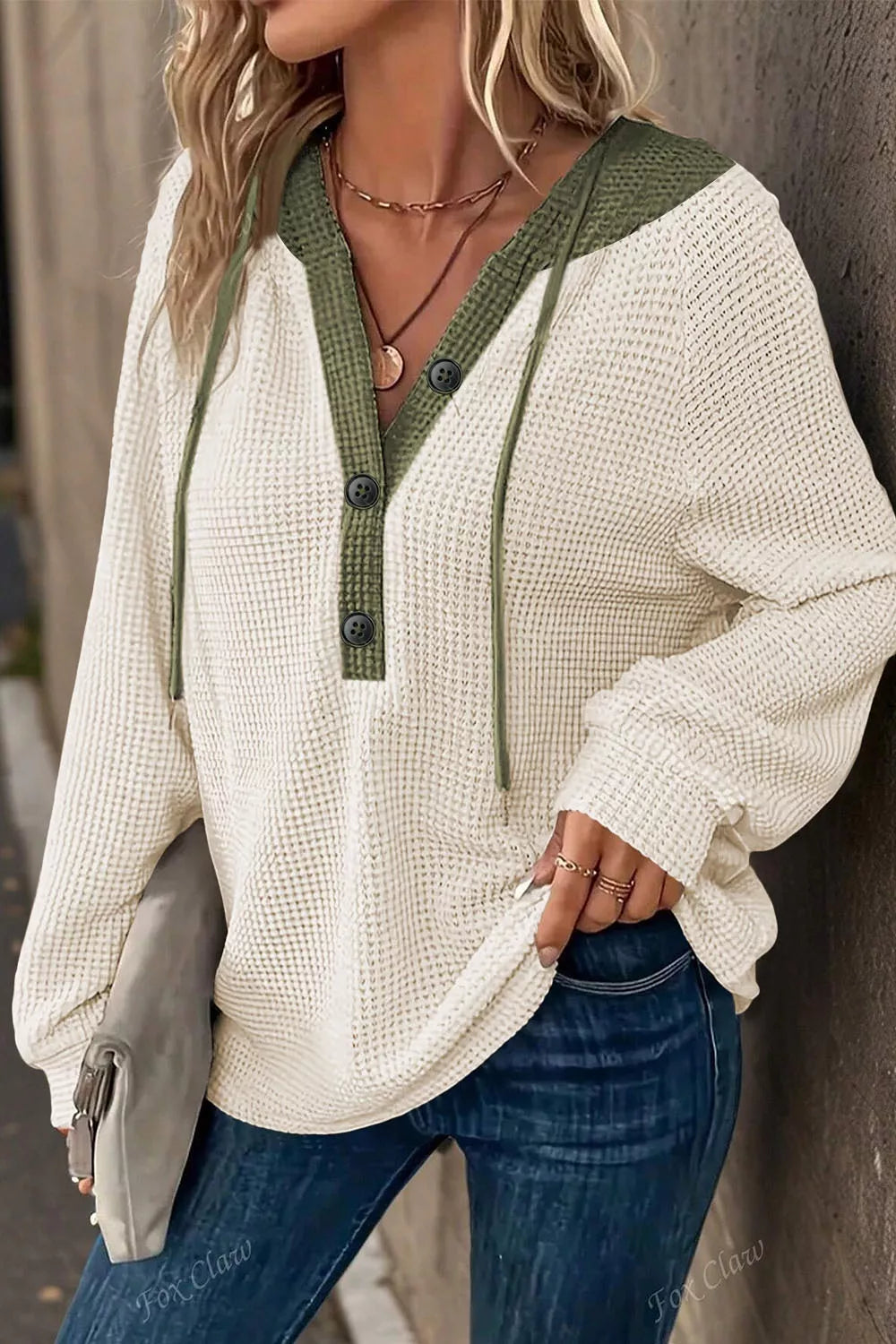 olive green pullover hoodie featuring waffle-knit and waffle knit