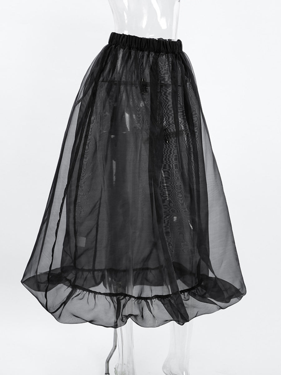 Black midi skirt with sheer overlay and ruffled hem