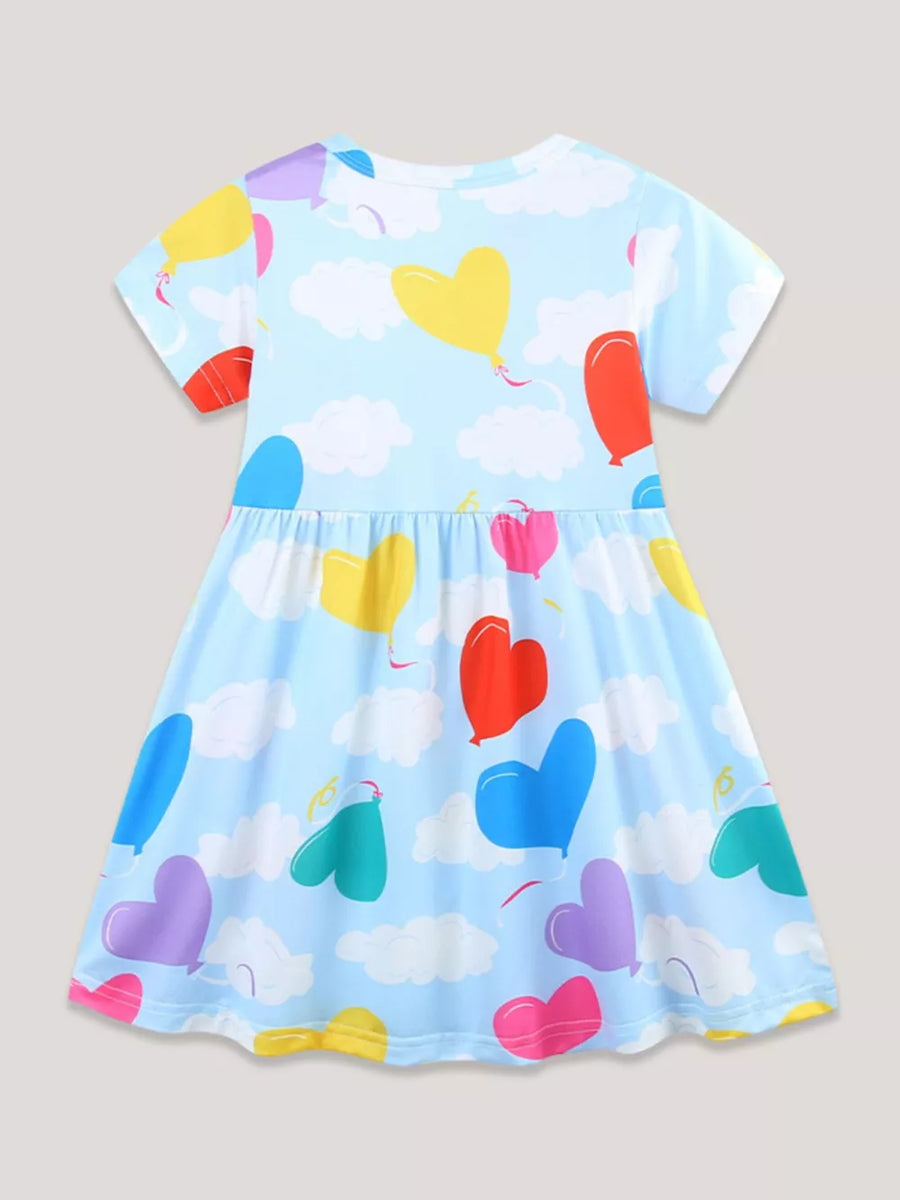 Baby & children's dress with heart balloon print on light blue sky background, short sleeves, A-line cut.