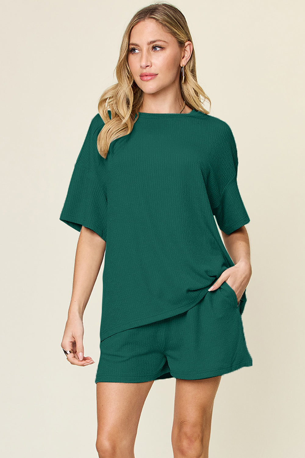 Deep Teal waffle knit boxy tee and shorts set with crew neck and short sleeves.