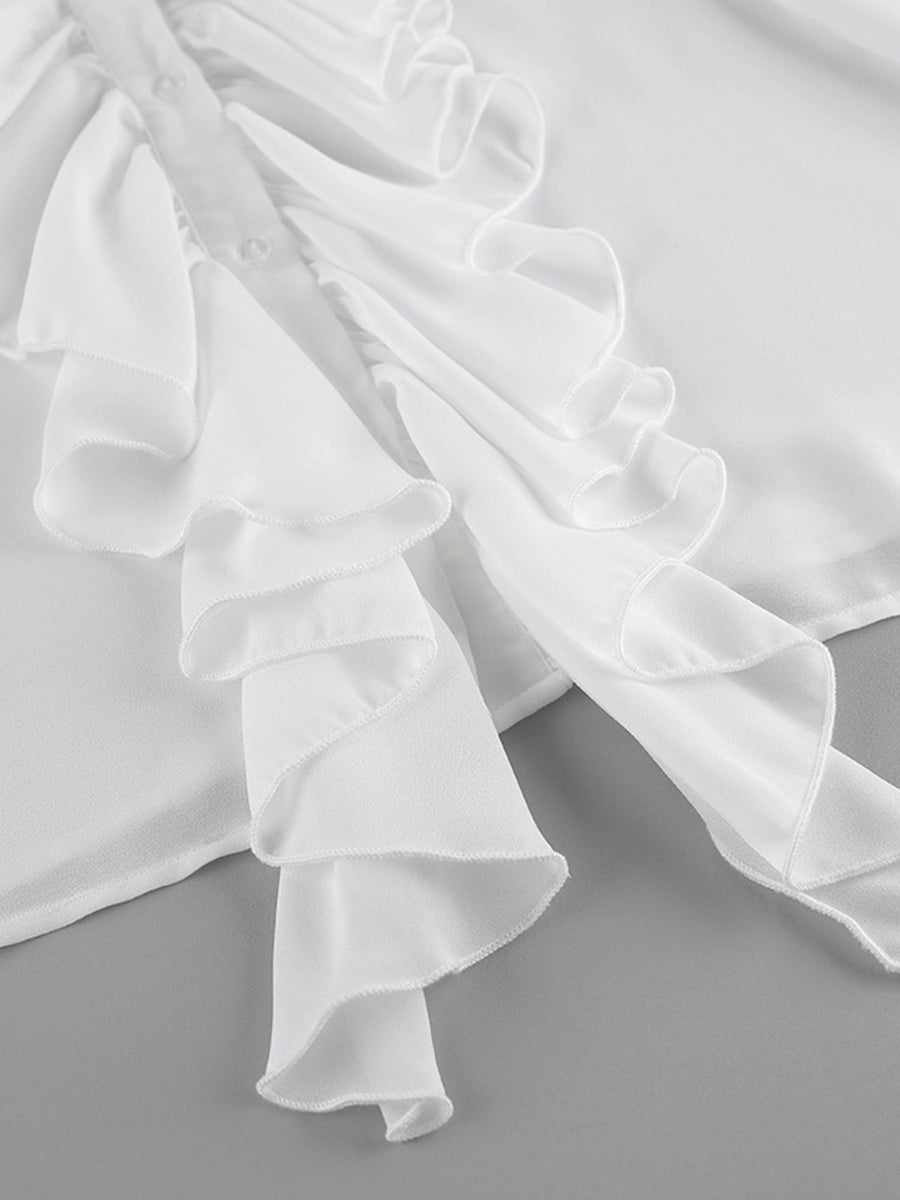 White ruffled flounce sleeve blouse with button detail