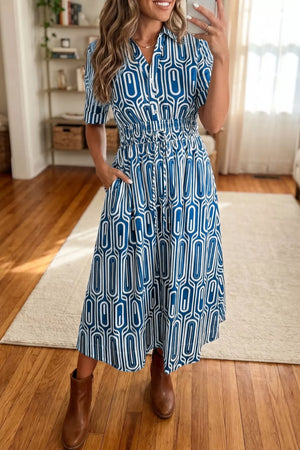 Blue and white geometric print midi shirt dress with drawstring waist and short sleeves