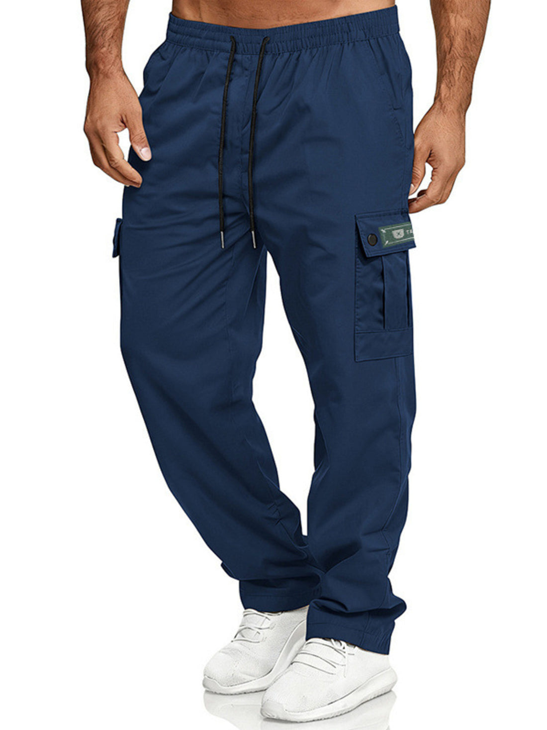 Navy blue cargo pants with adjustable drawstring waist and side pocket detail.