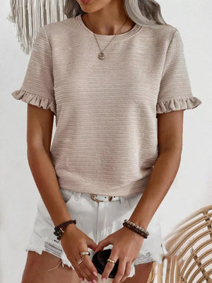 Khaki textured t-shirt with ruffle sleeves and crew neck.