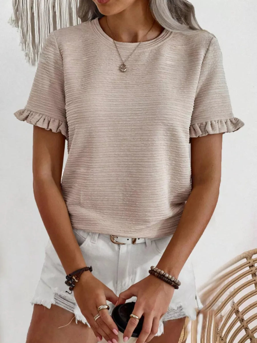 Khaki textured t-shirt with ruffle sleeves and crew neck.