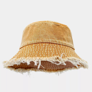 Vintage Washed Denim Bucket Hat in navy blue with frayed