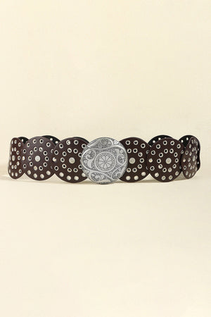 Disc-embellished statement belt in silver/coffee with a large, ornate silver buckle.