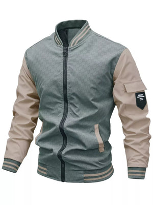 Sage bomber jacket with all-over star pattern, contrasting tan sleeves, and ribbed trim.