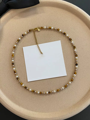 Elegant Tiger Eye Layered Necklace with pearl and gold beads