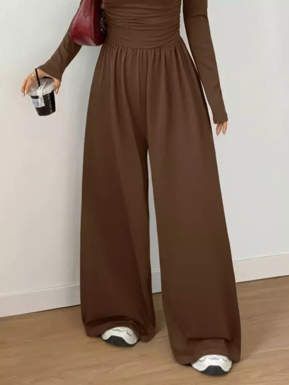 light gray wide-leg jumpsuit with scoop neck
