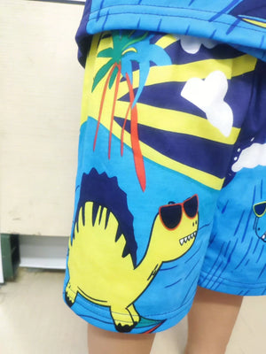 Blue toddler shorts with dinosaur and palm tree print