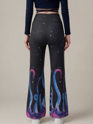 blue flare pants featuring high-waisted and galaxy-print