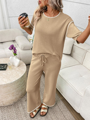Khaki loungewear set with crew neck top and drawstring pants, featuring white piping details.