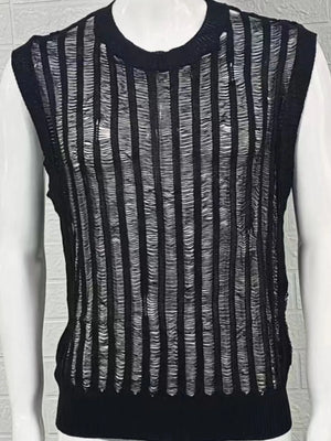 Black textured stripe knit tank top with distressed vertical details and a crew neck.