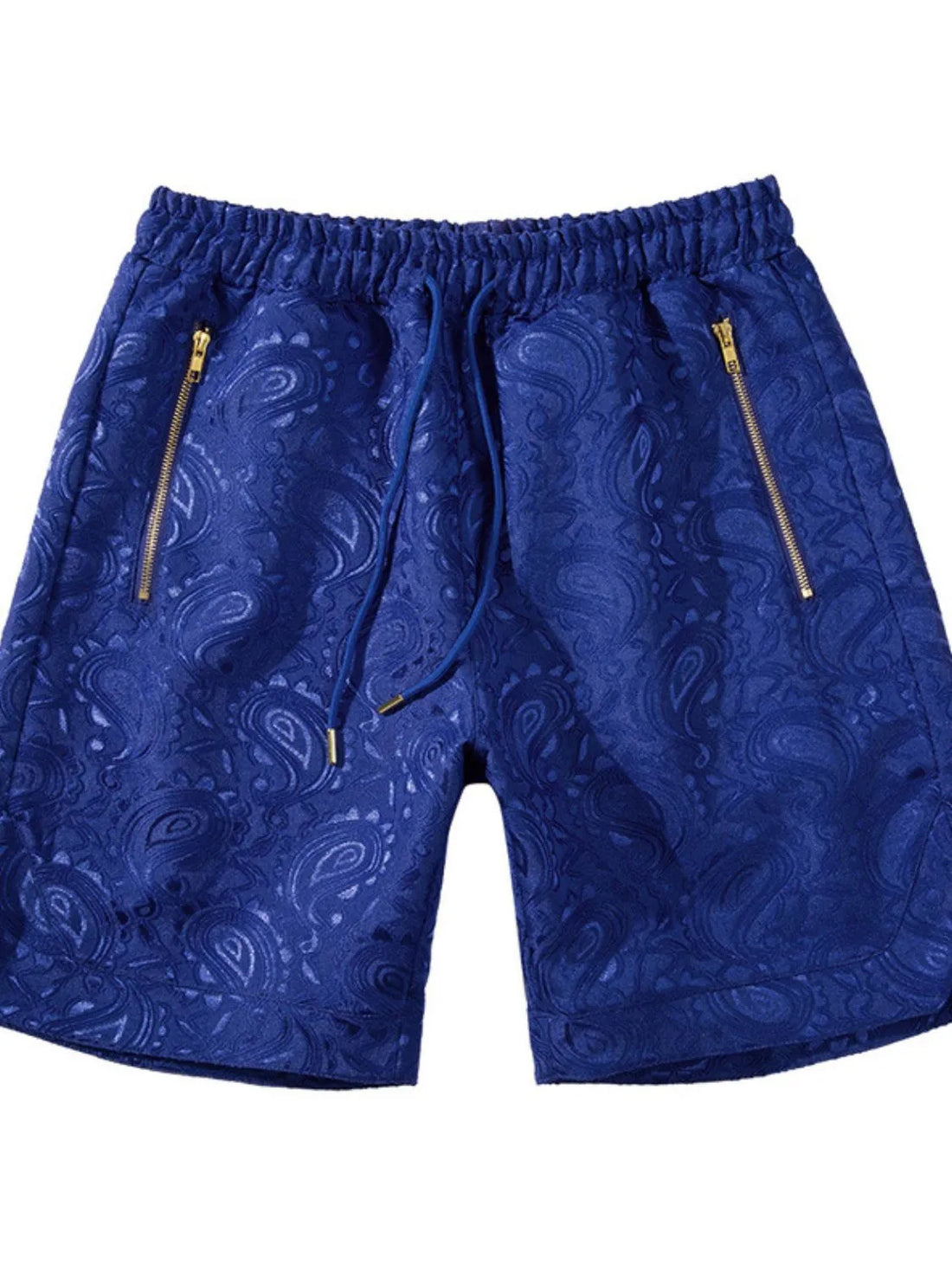 Royal blue jacquard paisley shorts with zip pockets and drawstring waist