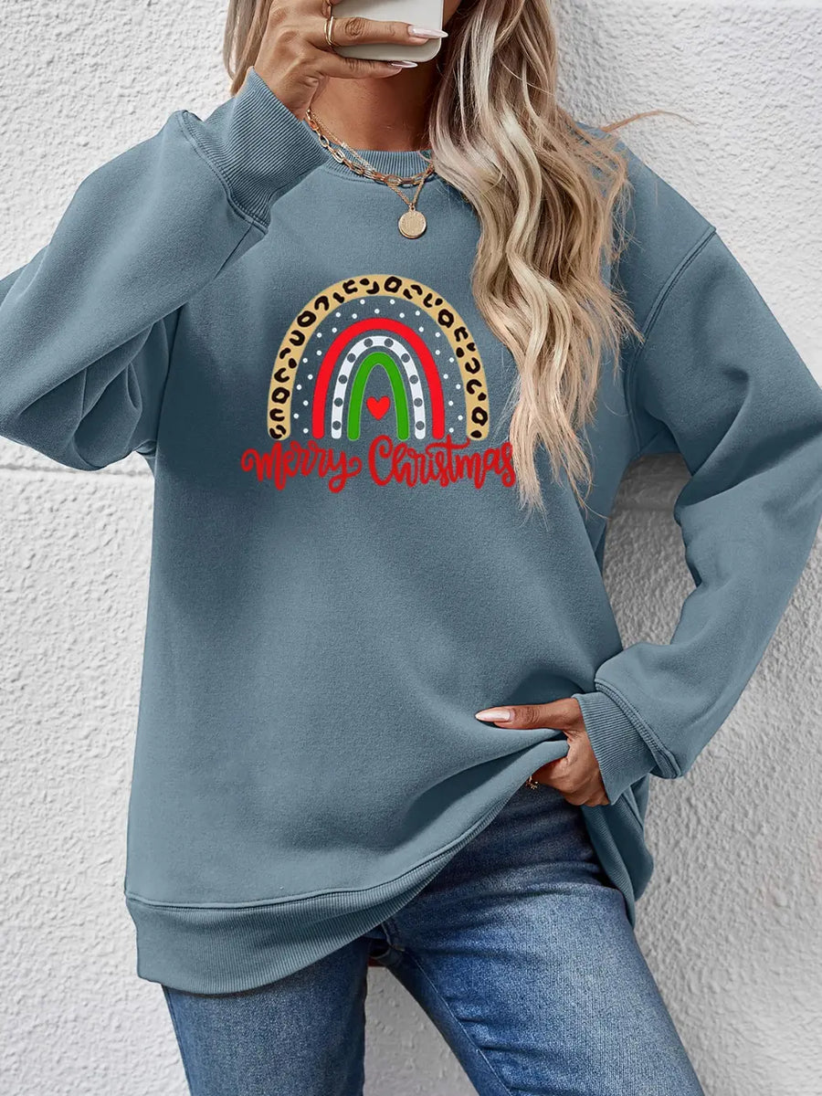 Air Force Blue sweatshirt with rainbow Christmas graphic and leopard print detail.