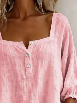 Full Size Square Neck Button Detail Blouse in Navy Blue