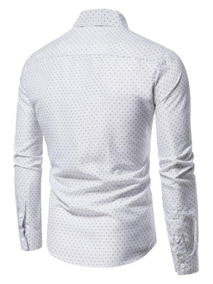 White cotton slim fit shirt with micro-dot pattern and button-up front.
