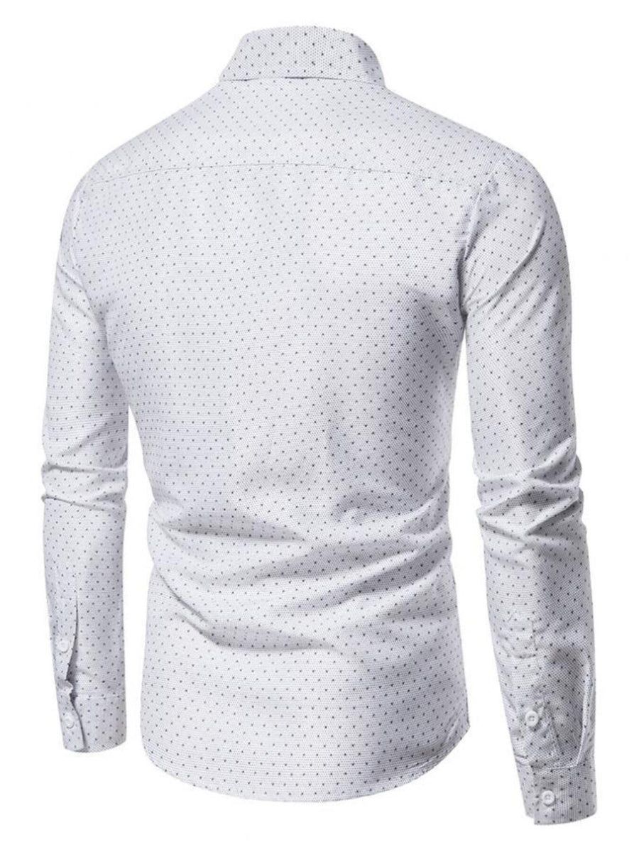 White cotton slim fit shirt with micro-dot pattern and button-up front.