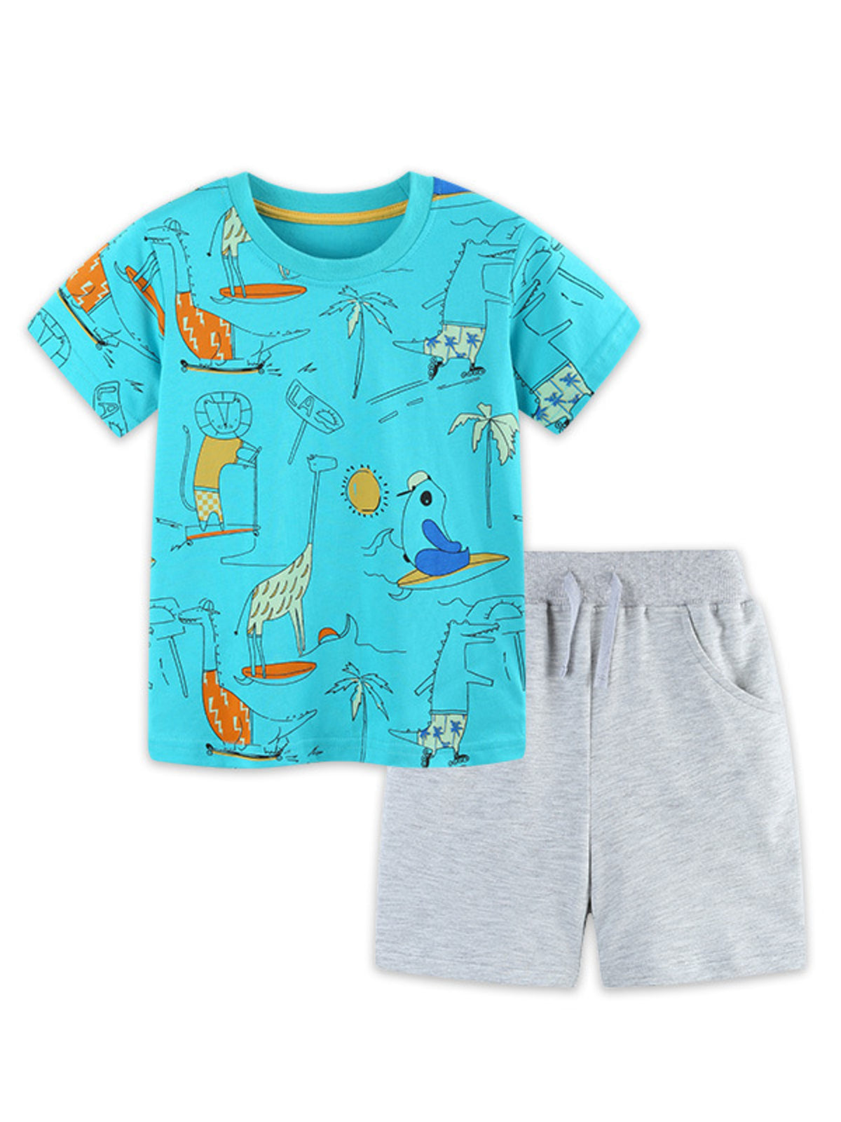 Toddler boys' blue cotton t-shirt with whimsical animal surf print and grey shorts.
