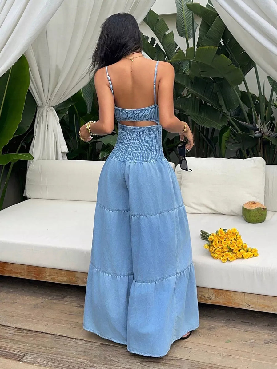 bohemian jumpsuit in light blue with sweetheart