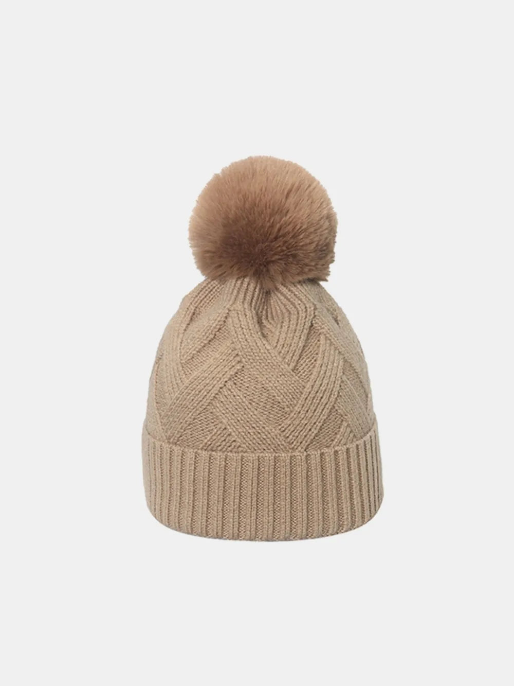 Camel cable knit beanie with pompom and ribbed cuff