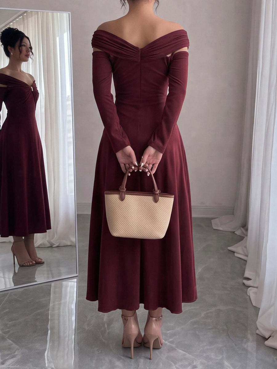burgundy maxi dress with stretch and long sleeve