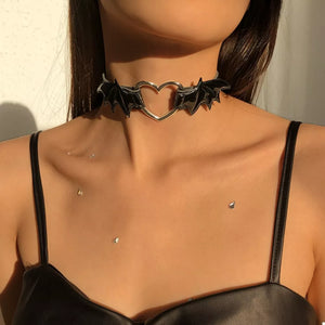 choker necklace in black featuring bat wing charm and fitted fit