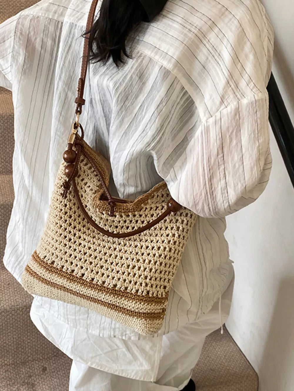 Beige Crochet Knit Shoulder Bag