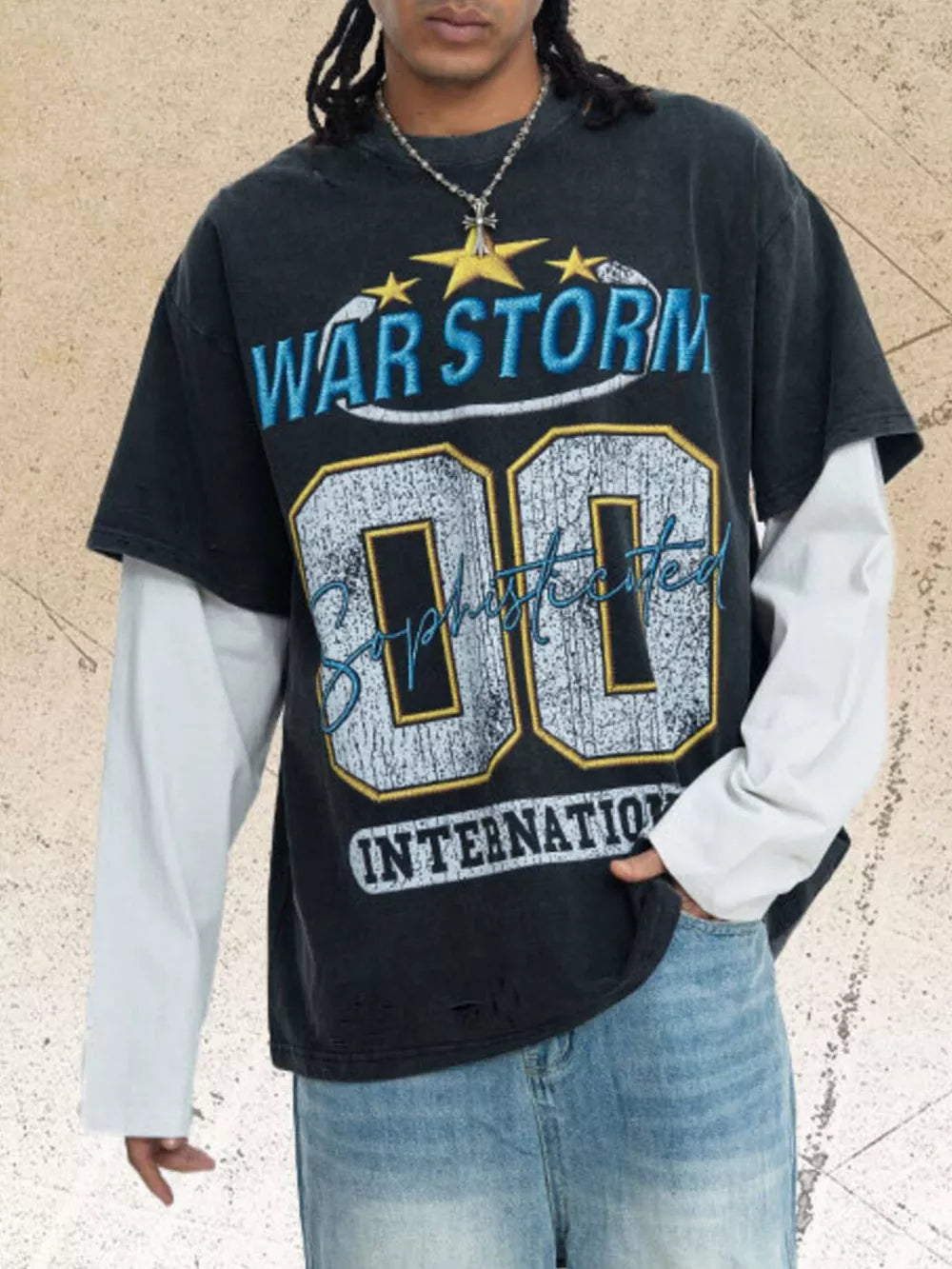 Men's vintage graphic t-shirt with distressed details, featuring "WAR STORM 00" text and a layered long-sleeve look.