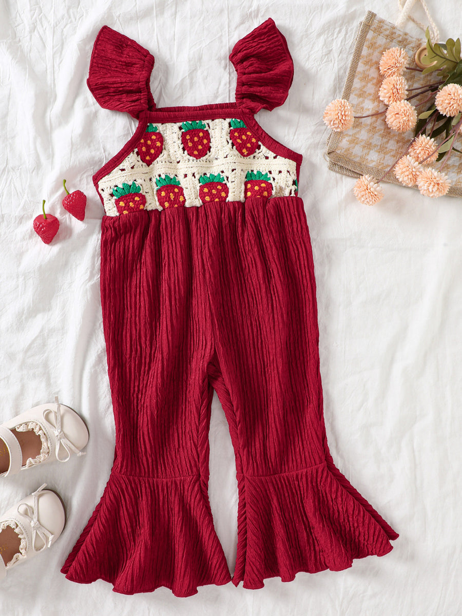 Burgundy crochet ruffle trim baby jumpsuit with strawberry pattern bodice and bell bottoms.