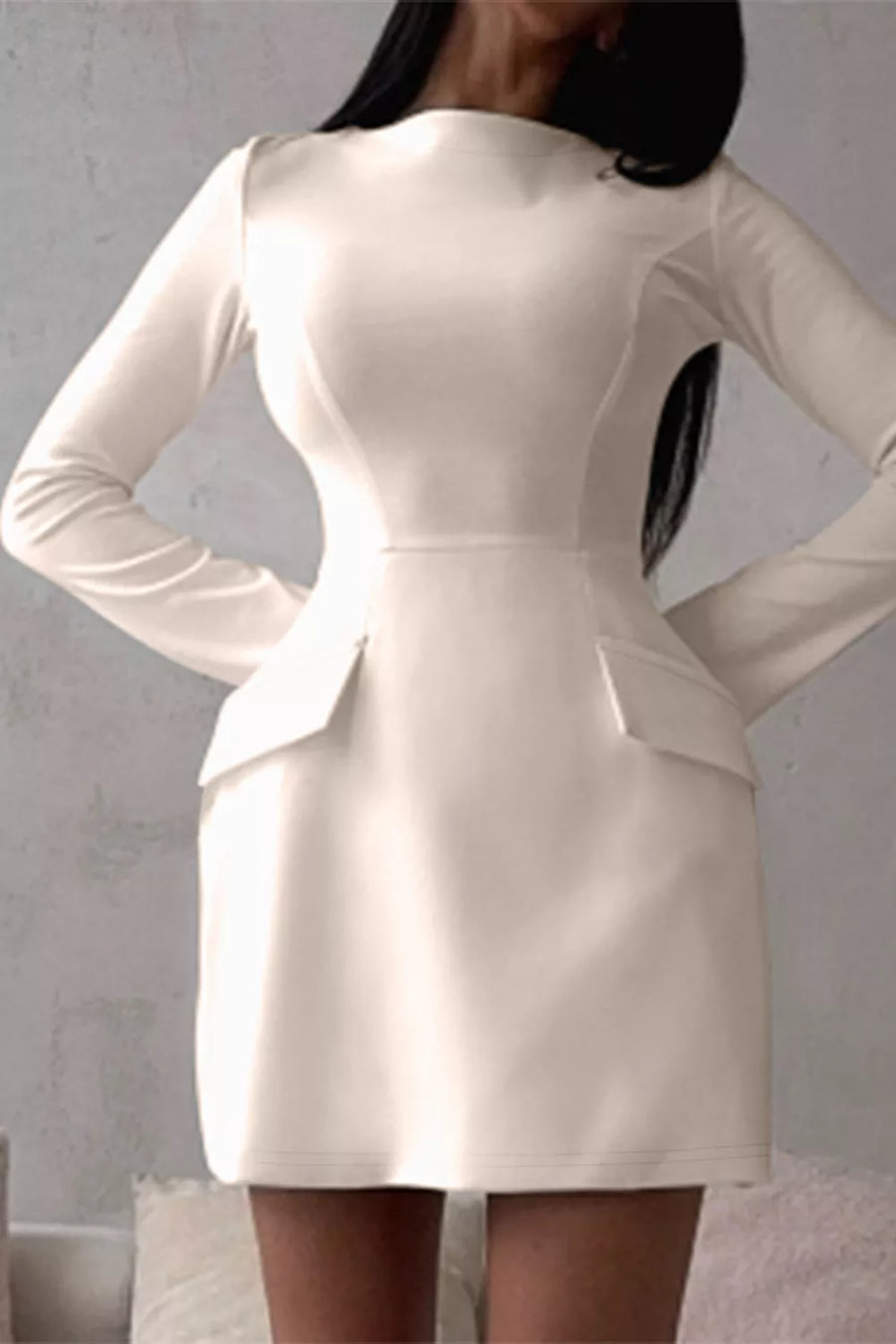 White Long-sleeve Mini Dress With Flap Pockets