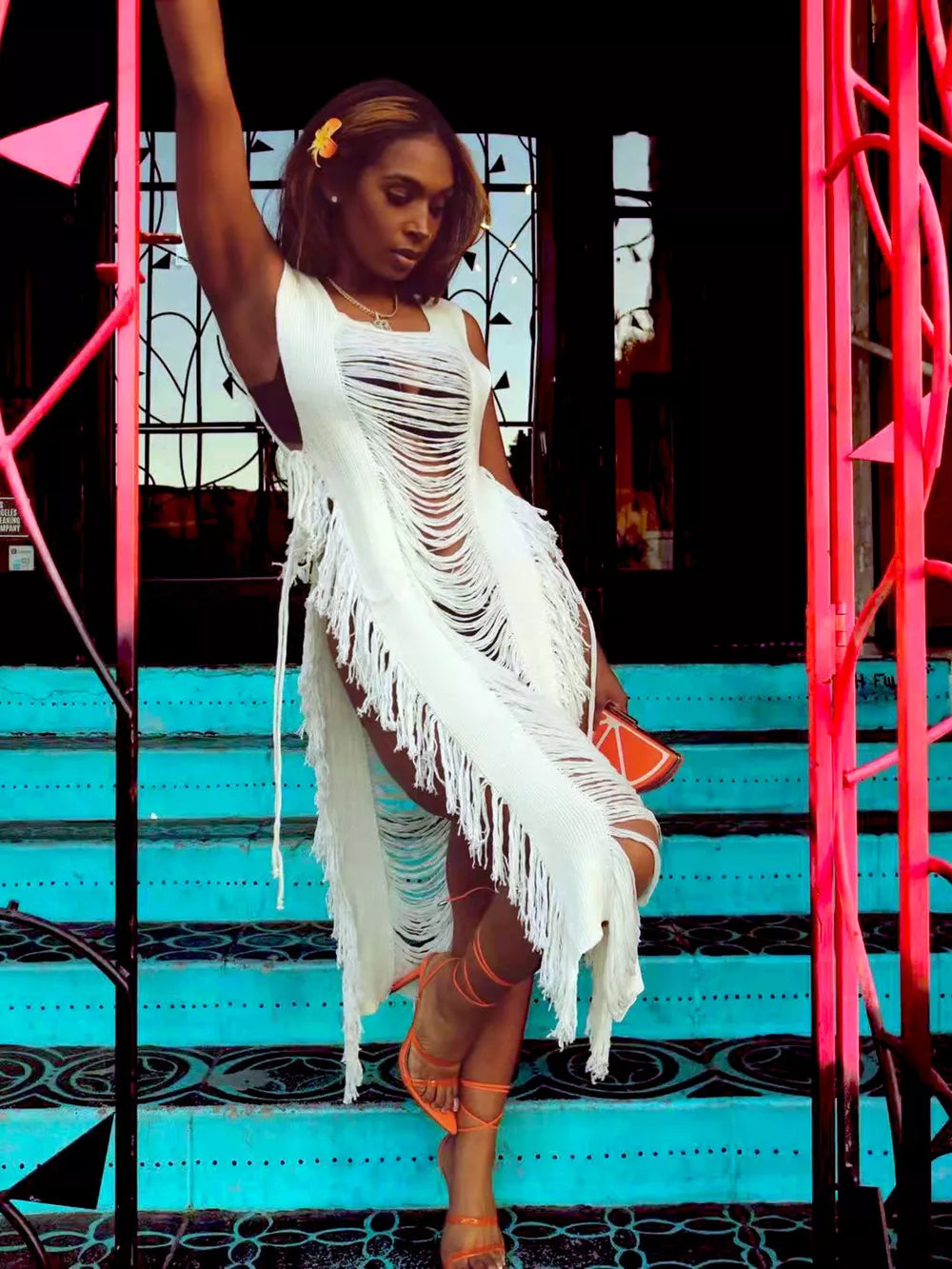 White distressed fringe square neck midi dress with avant-garde cutouts and fringe detail.