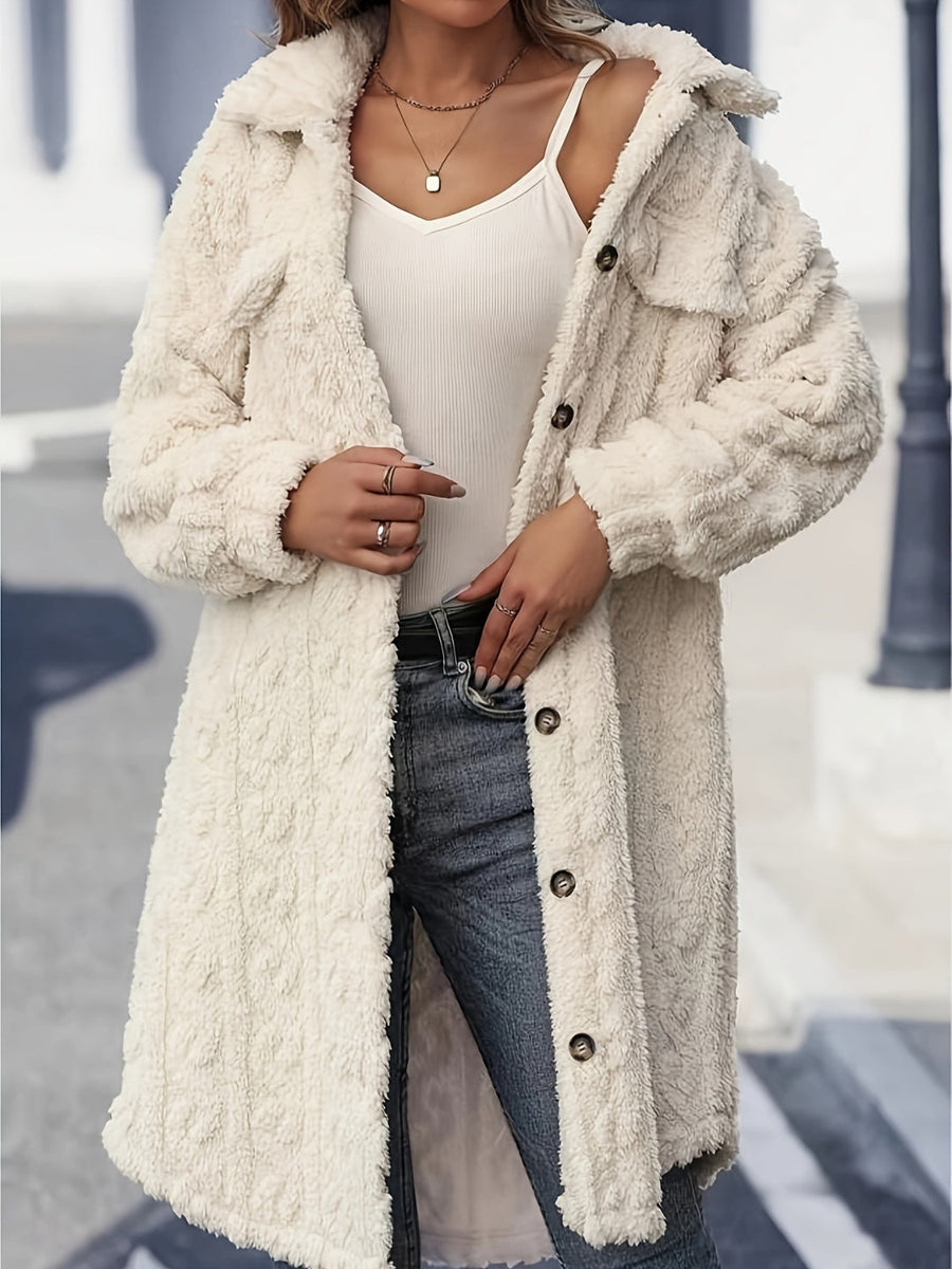 Cream textured shacket-coat with patch pockets, button front, and collar.