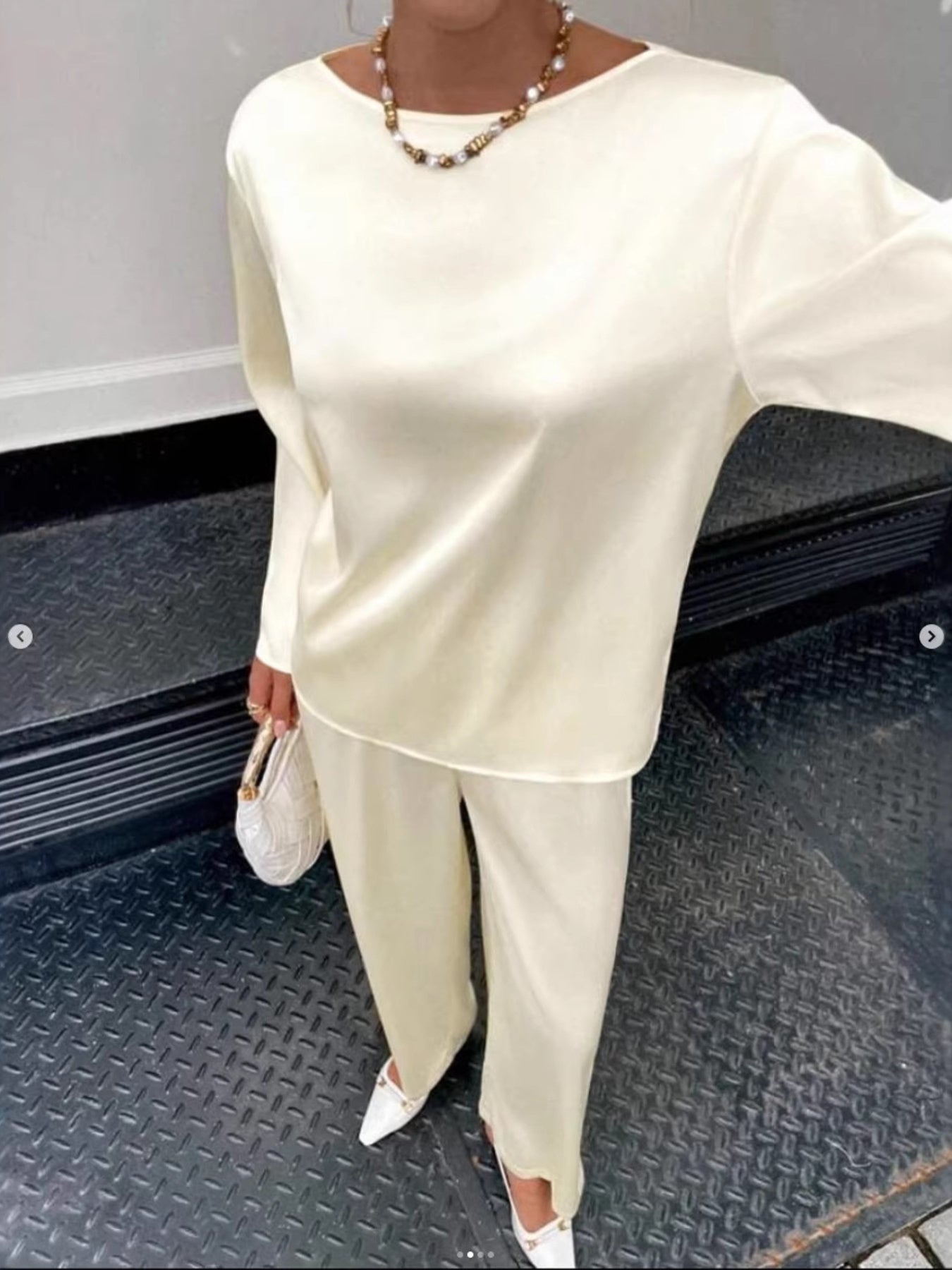 Cream boat neck long sleeve top and wide leg pants set