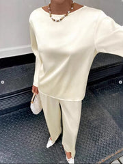 Cream boat neck long sleeve top and wide leg pants set