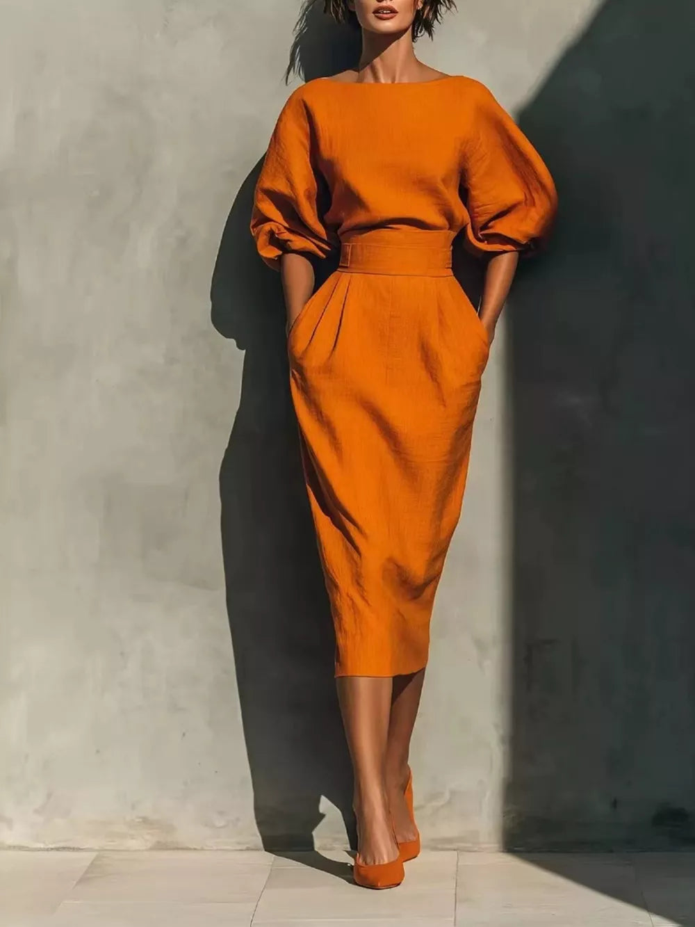 midi dress in orange featuring pocketed and fitted fit