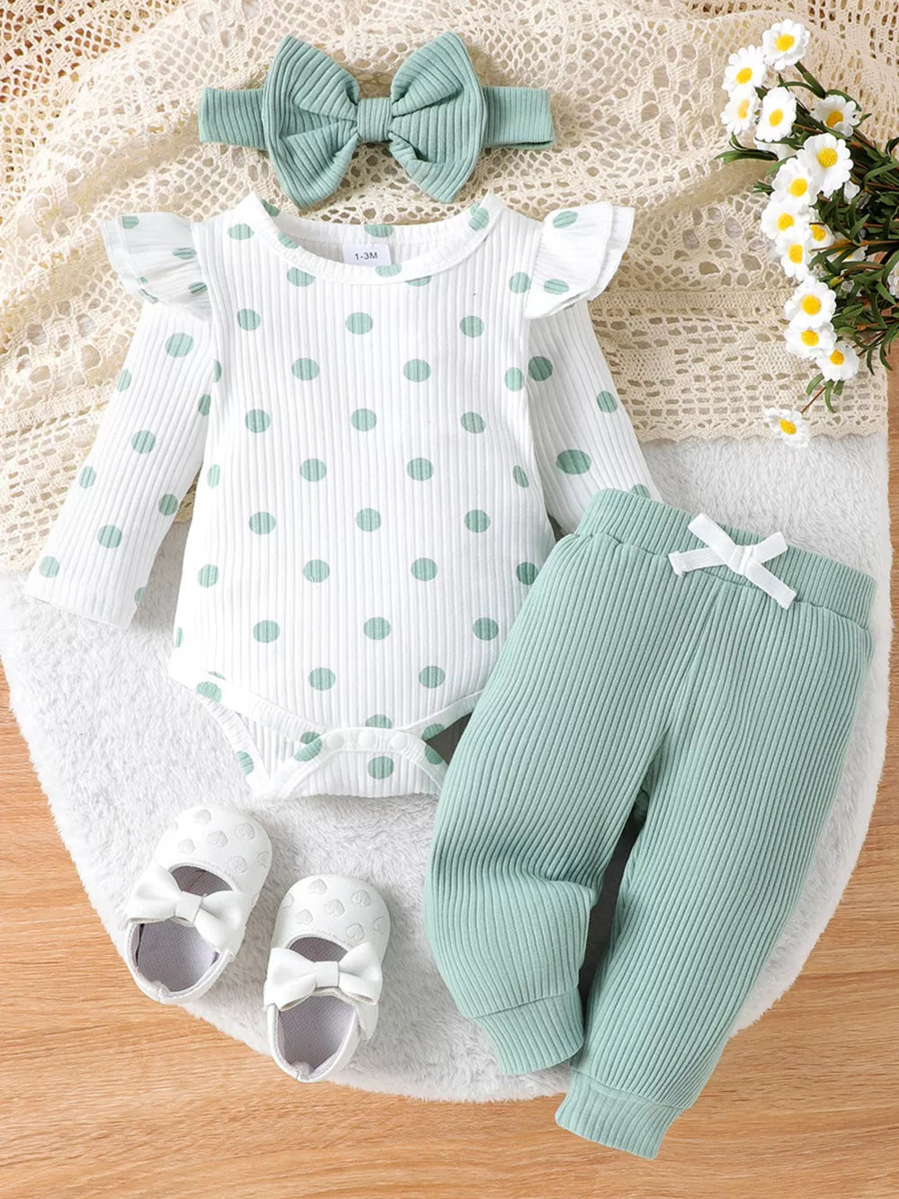Light Green Children's Ruffled Polka Dot Bodysuit And Pants Set