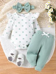 Light Green Children's Ruffled Polka Dot Bodysuit And Pants Set