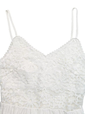 White lace V-neck maxi dress with spaghetti straps and cutout detail.