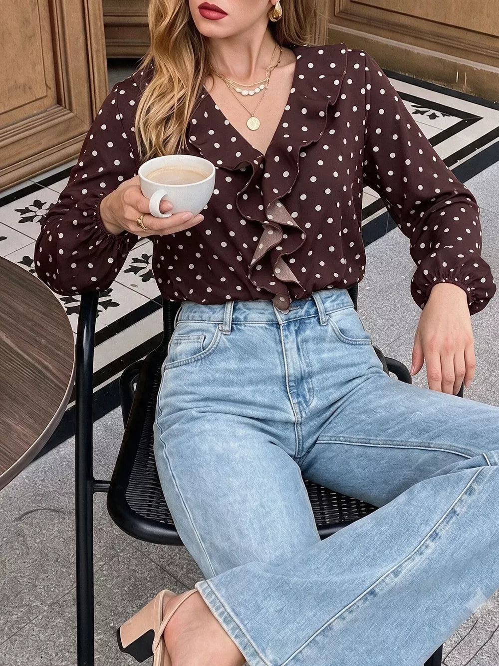 bodysuit in white with polka dot and ruffled