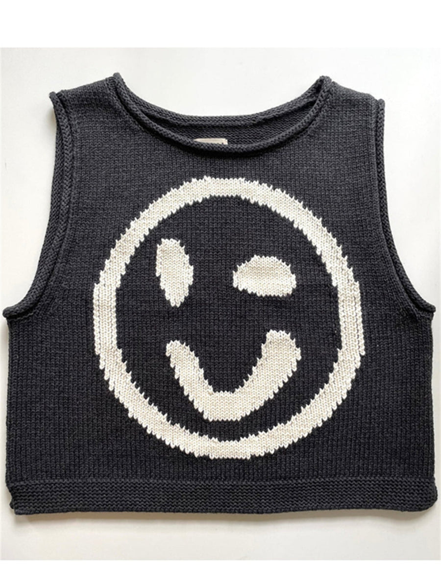 Black knit tank top with white smiley face graphic and crew neck.