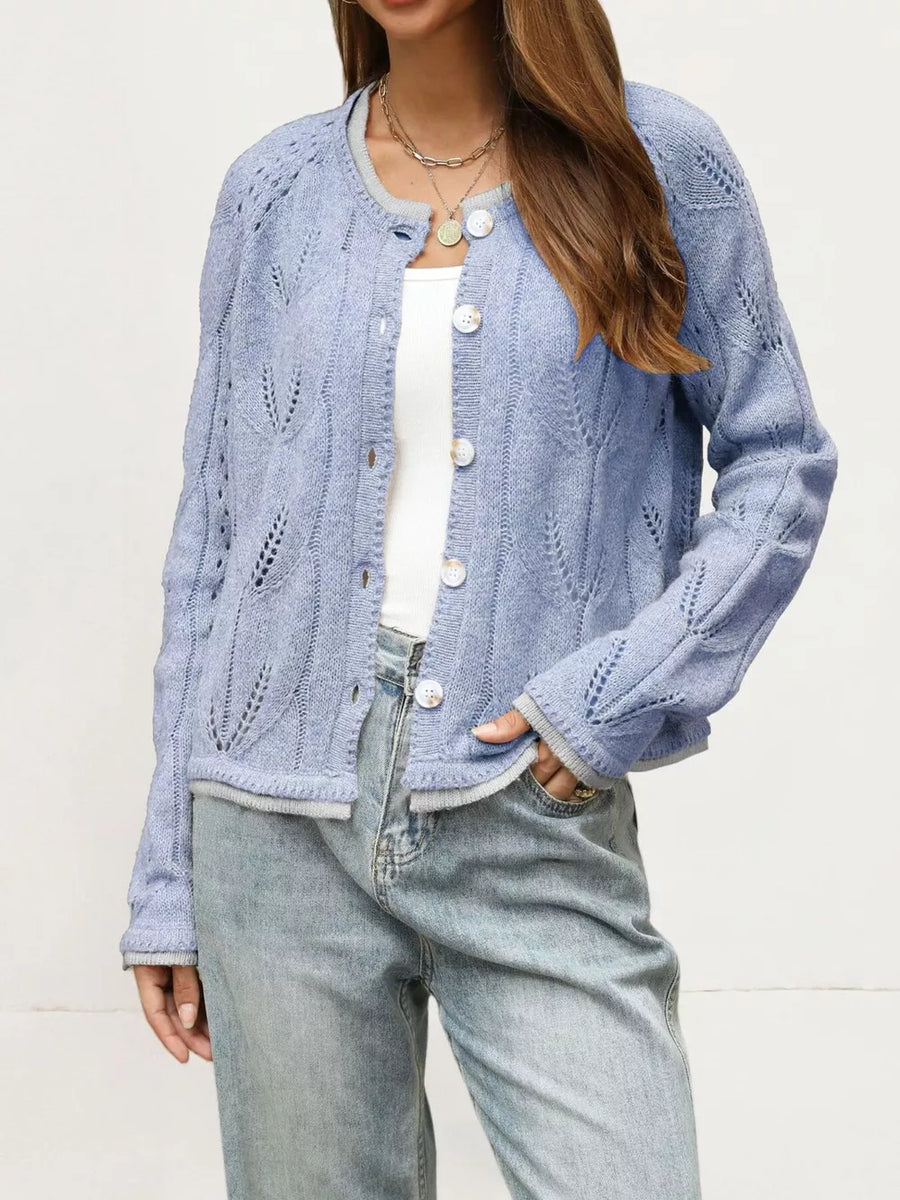 sky blue cardigan with openwork and round neck