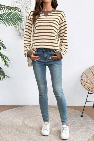 Stripe Patchwork Ribbed Cuff Pullover Sweatshirt option 5