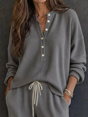 Dark Gray lounge set with half-button, drawstring, elastic and waffle-knit