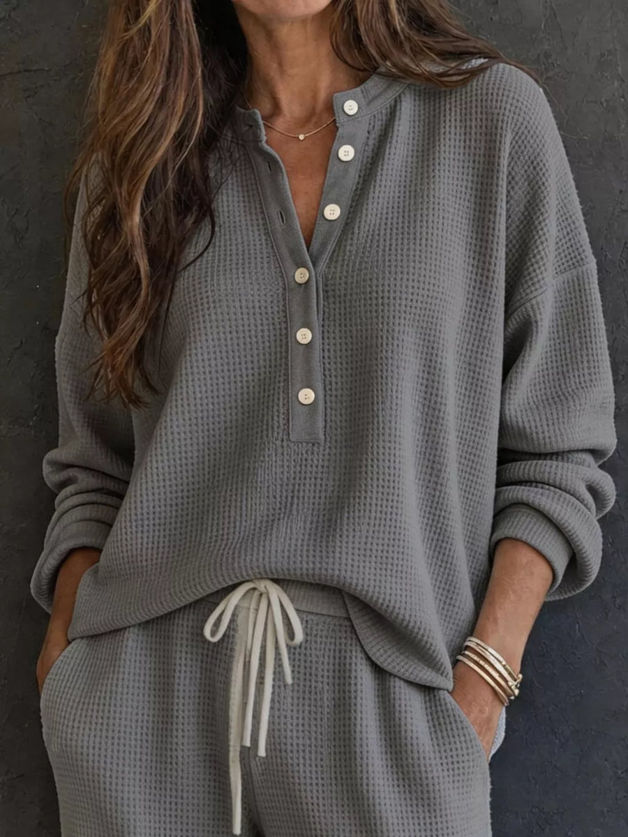 Dark Gray lounge set with half-button, drawstring, elastic and waffle-knit
